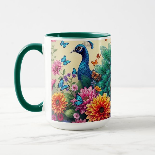 Farbenfrohe Pfaue und Blume Tasse (Links)