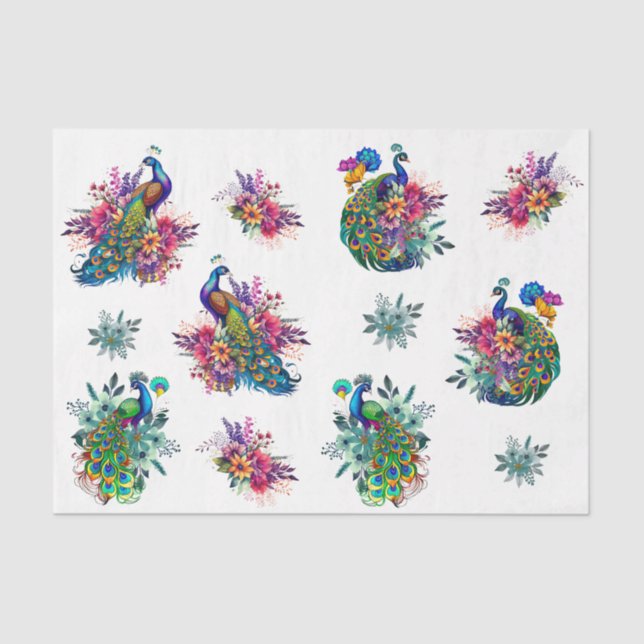 Farbenfrohe Pfauendekoupage Seidenpapier (Vorderseite)