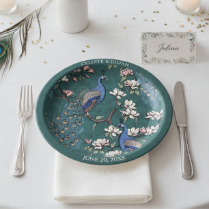Farbenfrohe Pfauendunkel Aquamarin Pappteller