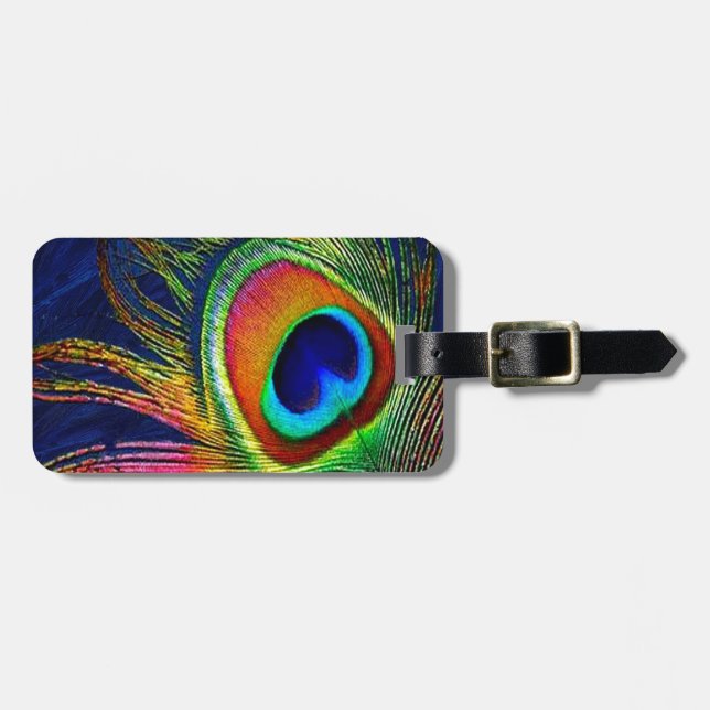 Farbenfrohe Pfauenfeder Gepäckanhänger (Vorderseite horizontal)
