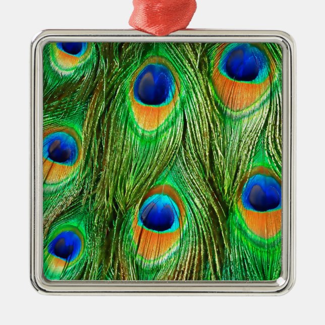 Farbenfrohe PfauenFedern drucken Silbernes Ornament (Vorne)