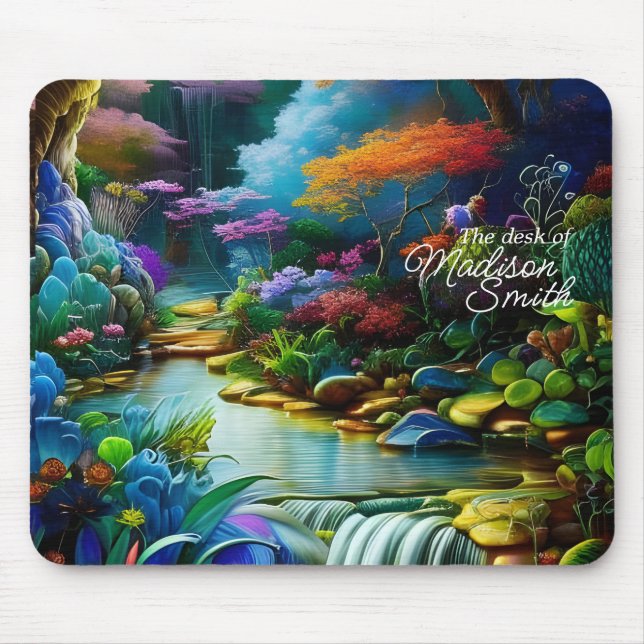 Farbenfrohe Pflanze und Friedlicher Wasserfall Gar Mousepad (Vorne)