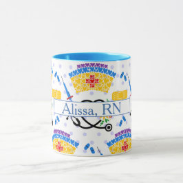 Farbenfrohe Pflegewerkzeuge für blaue Polka-Punkte Tasse