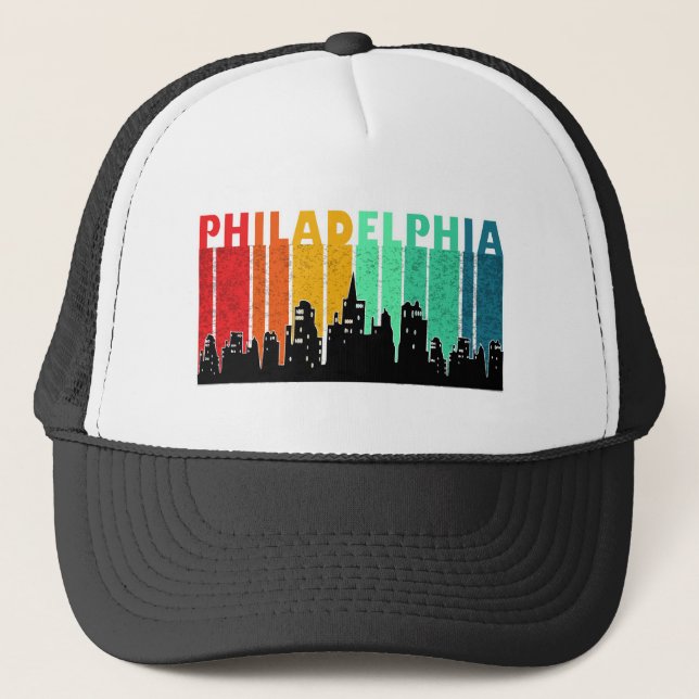 Farbenfrohe Philadelphia Retro Sunset Cityscape Truckerkappe (Vorderseite)