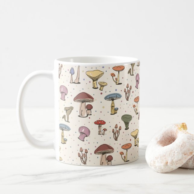 Farbenfrohe Pilze Doodle Muster Kaffeetasse (Mit Donut)