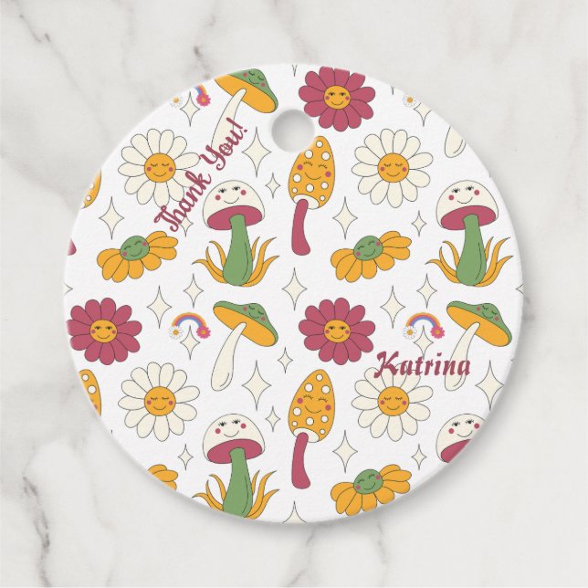 Farbenfrohe Pilze, Regenbogen und Daisis Muster Geschenkanhänger (Vorderseite)