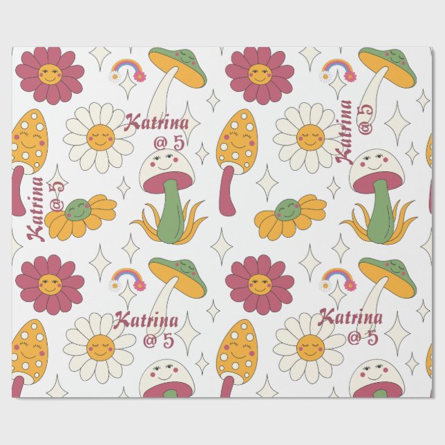 Farbenfrohe Pilze, Regenbogen und Daisis Muster Geschenkpapier (Flach)