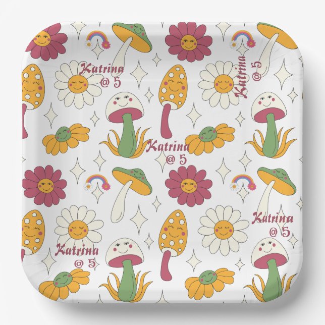 Farbenfrohe Pilze, Regenbogen und Daisis Muster Pappteller (Vorderseite)
