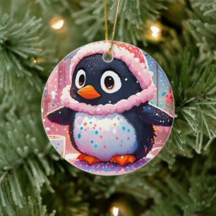 Farbenfrohe Pinguin-Ornament Keramik Ornament