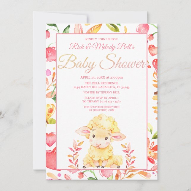 Farbenfrohe Pink Baby Sheep / Lamb Girl's Baby Dus Einladung (Vorderseite)