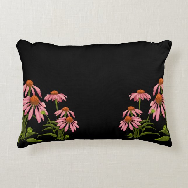 farbenfrohe Pinkblumen auf schwarzem Hintergrund Dekokissen (Vorderseite)