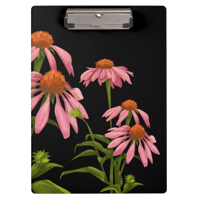 farbenfrohe Pinkblumen auf schwarzem Hintergrund Klemmbrett (Vorderseite)