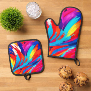 Farbenfrohe Pinselstriche Kunst Ofenhandschuh & Topflappen-Set