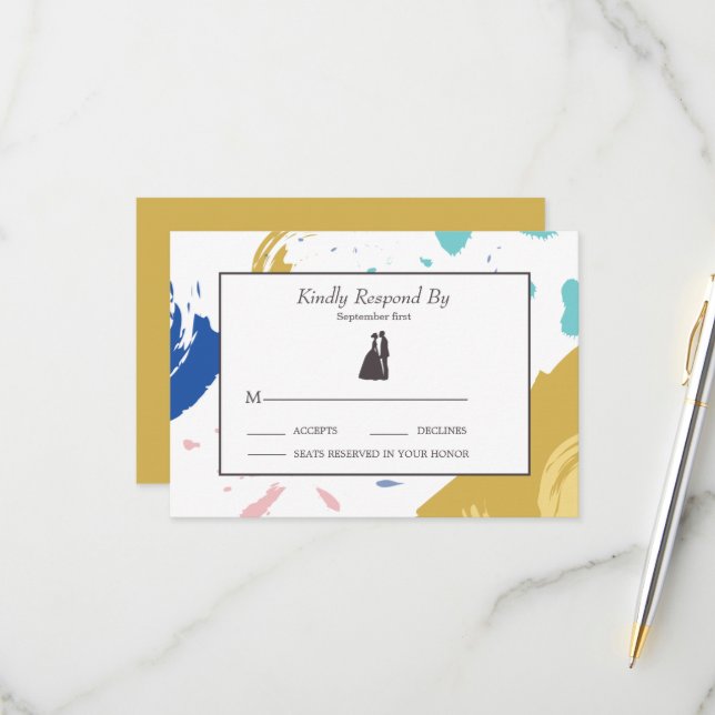 Farbenfrohe Pinselstriche und Silhouette RSVP Karte (Vorderseite/Rückseite Beispiel)