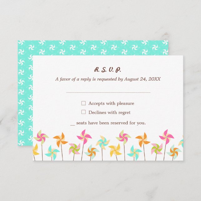 farbenfrohe Pinwheel-Hochzeit RSVP Karte (Vorne/Hinten)