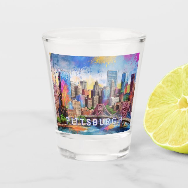 Farbenfrohe Pittsburgh Skyline Abstrakt Art Schnapsglas (Vorderseite)