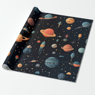 farbenfrohe Planeten und Raumgestaltung. Geschenkpapier