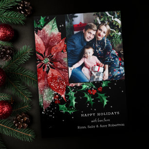 Farbenfrohe Poinsettia & Holly mit Glitzern-Foto Dreifach Gefaltete Karte