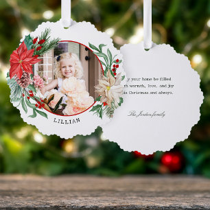 Farbenfrohe Poinsettia, Pine & Berries Foto Ornament Karte