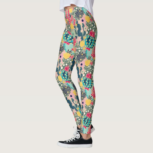 Farbenfrohe Polka Dot Cactus Pattern Leggings (Links)