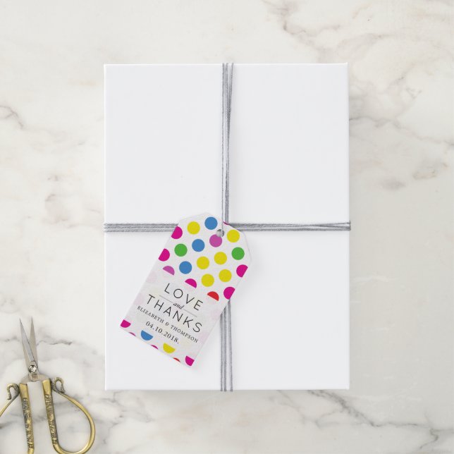 Farbenfrohe Polka Dots, Polka Dot Pattern, Hochzei Geschenkanhänger (Mit Garn)