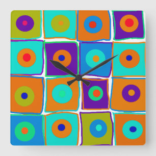 Farbenfrohe Polka Dots & Squares Kunstschloss Quadratische Wanduhr