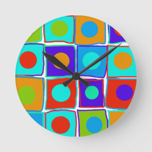 Farbenfrohe Polka Dots & Squares Kunstschloss Runde Wanduhr