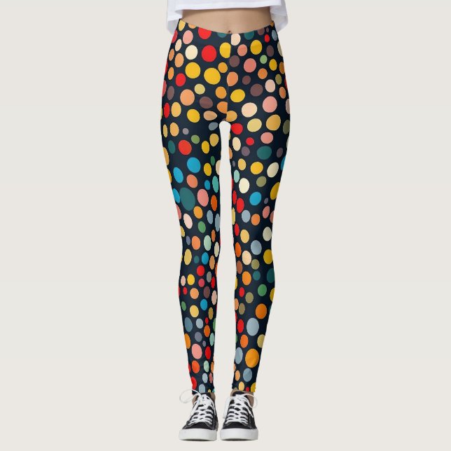 Farbenfrohe Polka Punkte auf dunklem Hintergrund Leggings (Vorderseite)