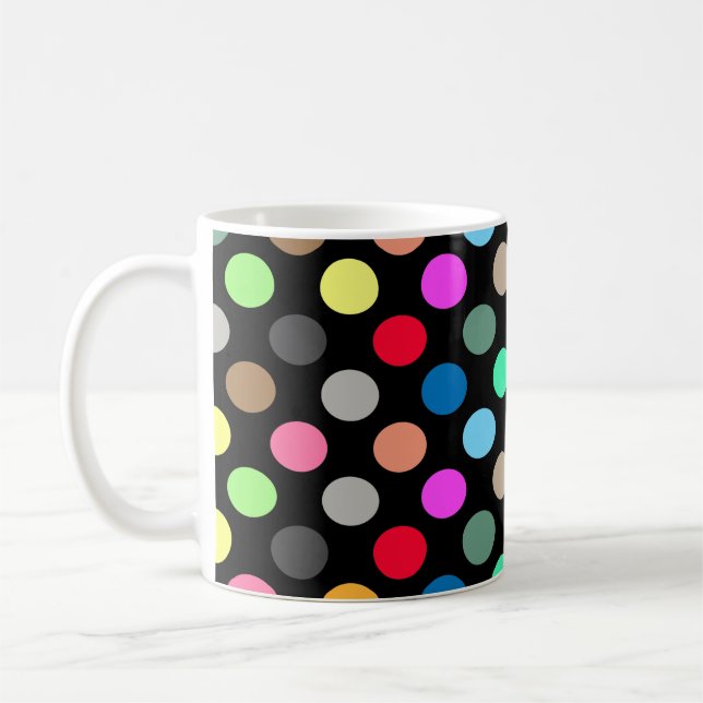 Farbenfrohe Polka Punkte auf schwarzem Hintergrund Kaffeetasse (Links)