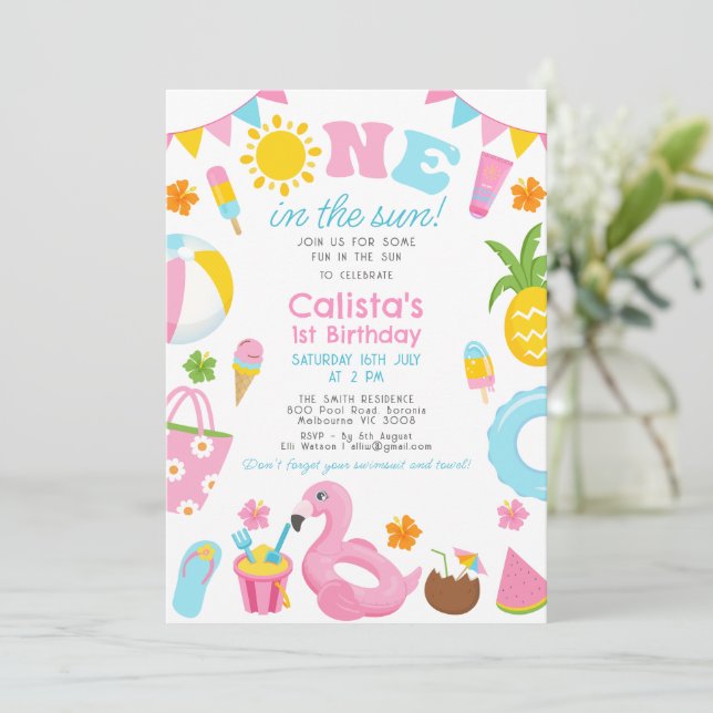 Farbenfrohe Pool Party eins in der Sonne 1. Geburt Einladung (Stehend Vorderseite)