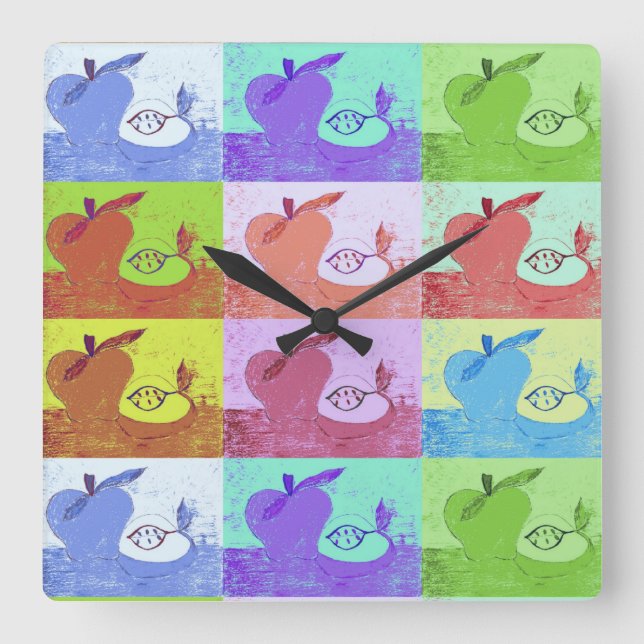 Farbenfrohe Pop Art Apple Quadratische Wanduhr (Vorderseite)