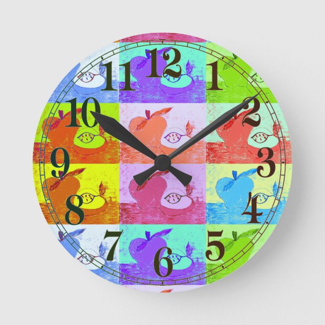 Farbenfrohe Pop Art Apple Runde Wanduhr (Vorderseite)