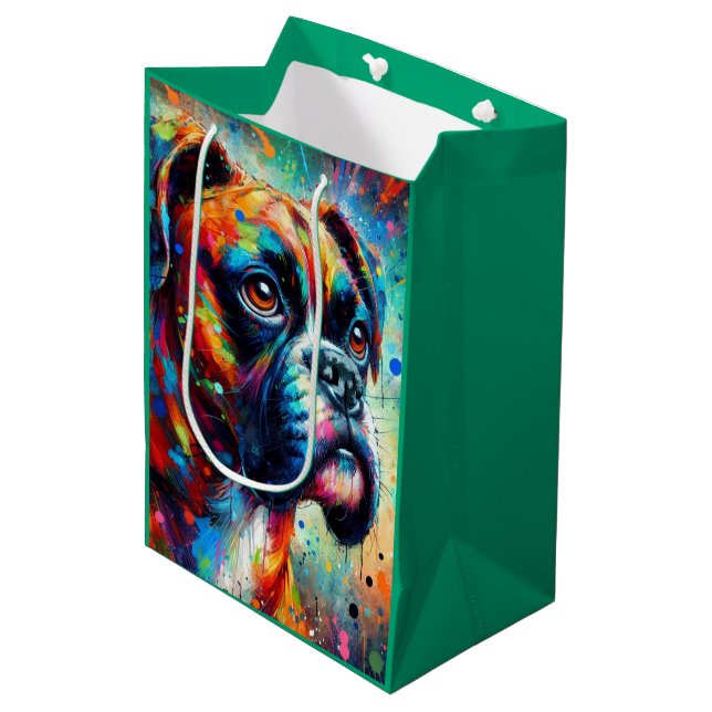 Farbenfrohe Pop Art Boxer Dog Entdeckungsreise Mittlere Geschenktüte (Vorderseite Schrägansicht)