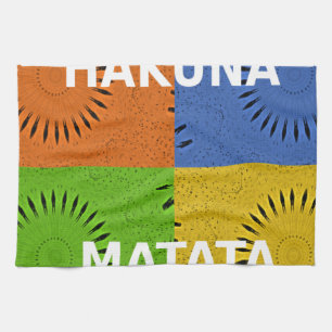 Farbenfrohe Pop-Art-Collage und "Hakuna Matata"-Bo Geschirrtuch