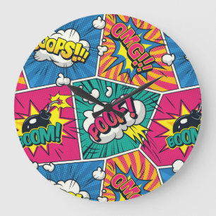 Farbenfrohe Pop Art Design - Retro Comic Explosion Große Wanduhr