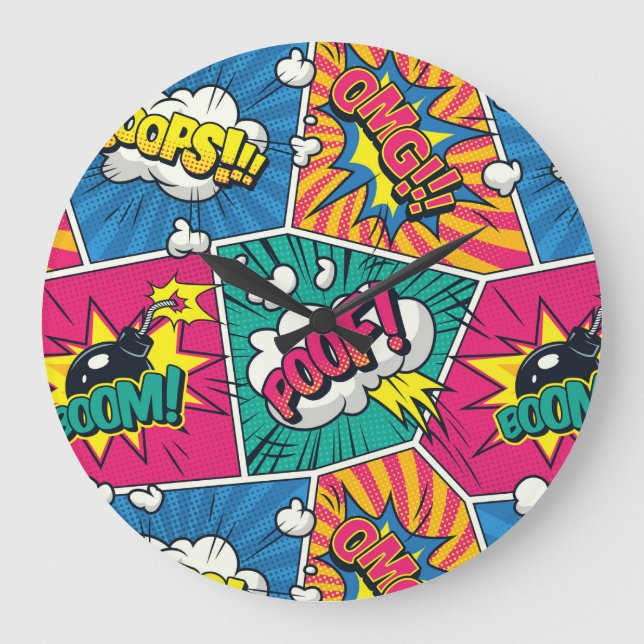 Farbenfrohe Pop Art Design - Retro Comic Explosion Große Wanduhr (Vorderseite)