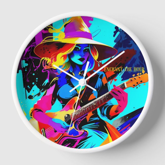 Farbenfrohe Pop Art Gitarrist Uhr (Vorderseite)