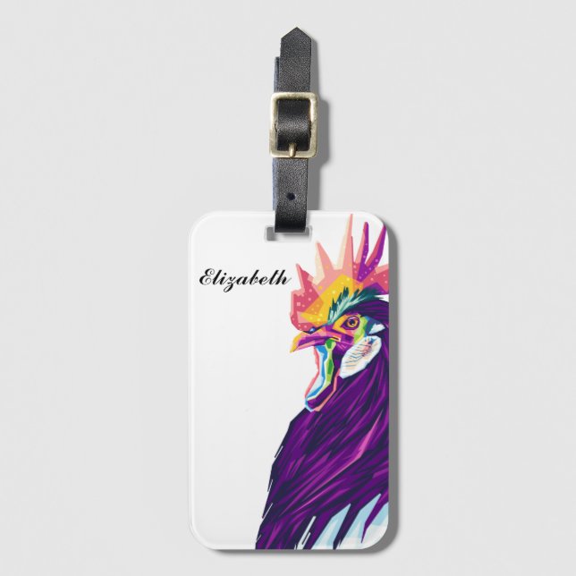 Farbenfrohe Pop Art Rooster Personalisierte Gepäck Gepäckanhänger (Vorderseite Vertikal)