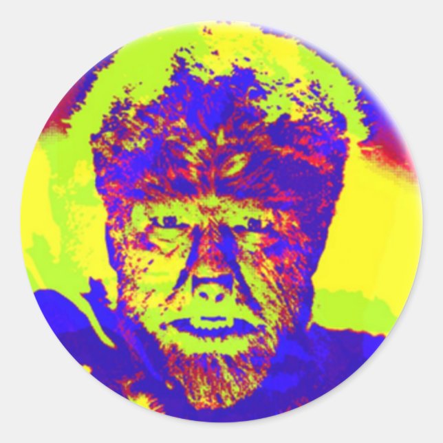 Farbenfrohe Pop Art Wolfman Runder Aufkleber (Vorderseite)