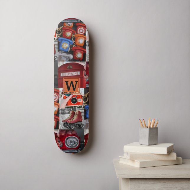 Farbenfrohe Pop Retro Rote Fotolage Monogramm Skateboard (Wandkunst)