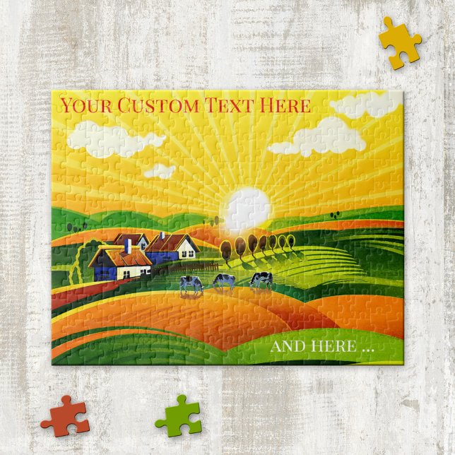 Farbenfrohe, primitive Kunstfarm Land Sonnenaufgan Puzzle (Von Creator hochgeladen)