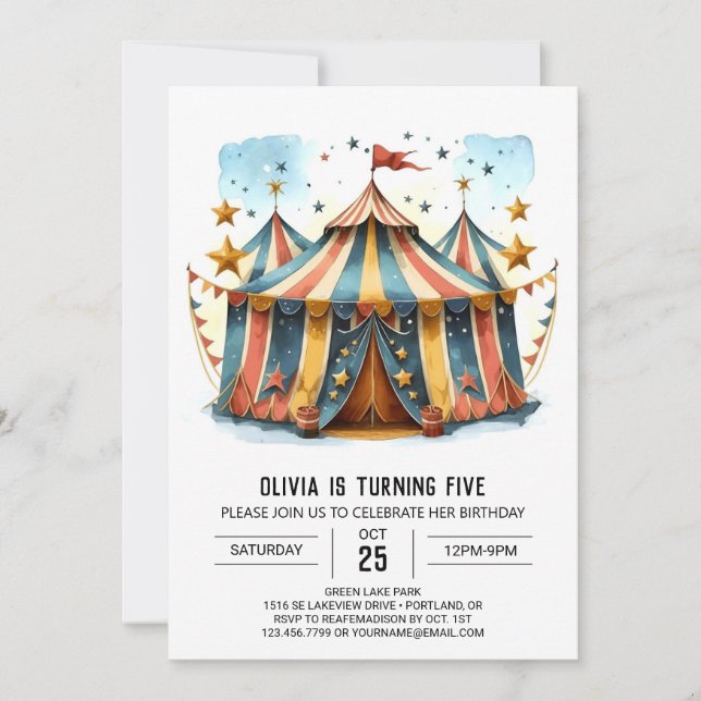 Farbenfrohe Printable Joy Circus Geburtstag Einladung (Vorderseite)