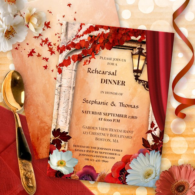 Farbenfrohe Probe Boho Chic Einladung (Rehearsal dinner invitation in classic Italian style with fall leaves, flowers and classic lantern)