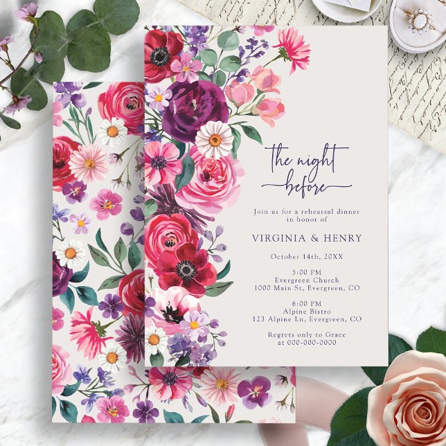 Farbenfrohe Probe Einladung (Colorful Floral Watercolor Rehearsal Dinner Invitation by Painted Paperie
)