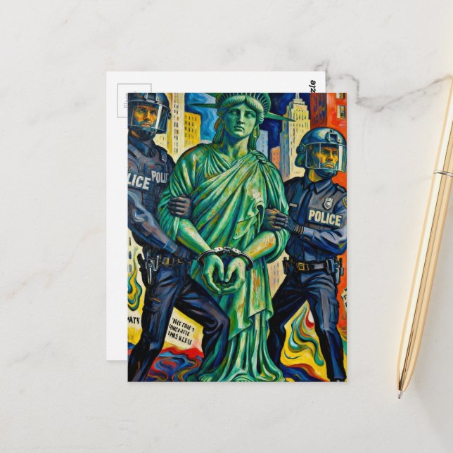 farbenfrohe Protestdame Freiheitsstatue von Polize Postkarte (Vorderseite/Rückseite Beispiel)