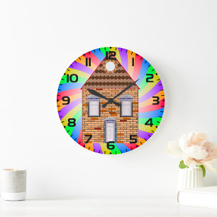 Farbenfrohe Psychedelic Brick House Rainbow Design Große Wanduhr