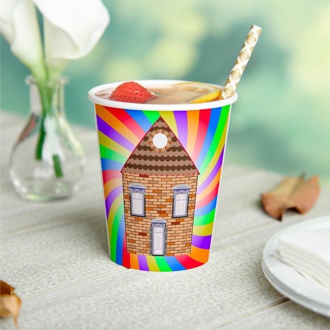 Farbenfrohe Psychedelic Brick House Rainbow Design Pappbecher (Von Creator hochgeladen)