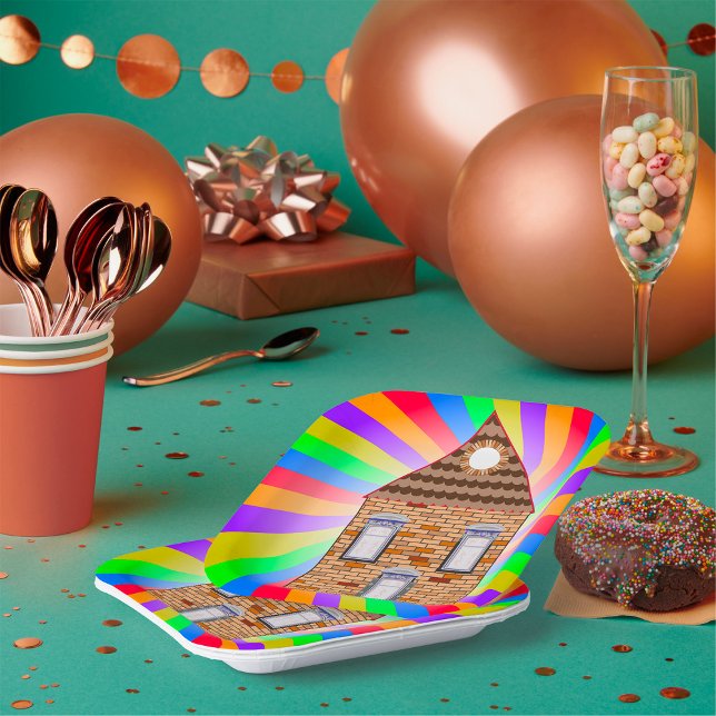 Farbenfrohe Psychedelic Brick House Rainbow Design Pappteller (Von Creator hochgeladen)