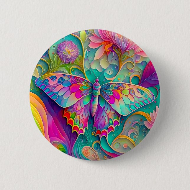Farbenfrohe Psychedelic Butterfly und Blume Button (Vorderseite)