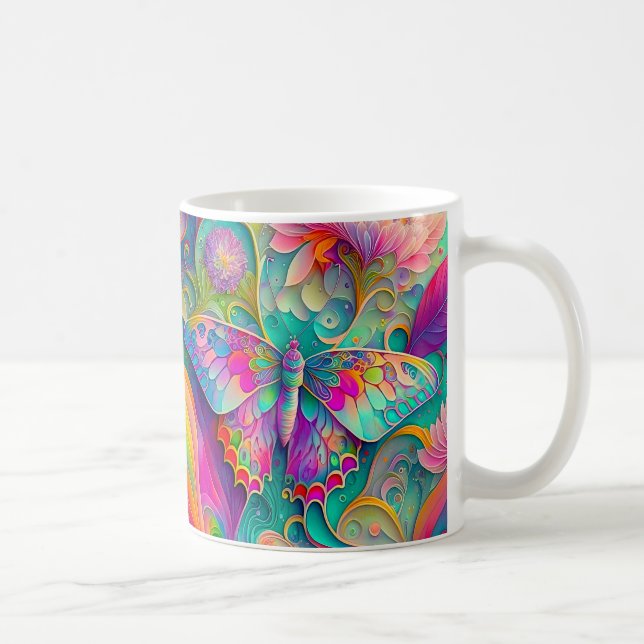 Farbenfrohe Psychedelic Butterfly und Blume Kaffeetasse (Rechts)